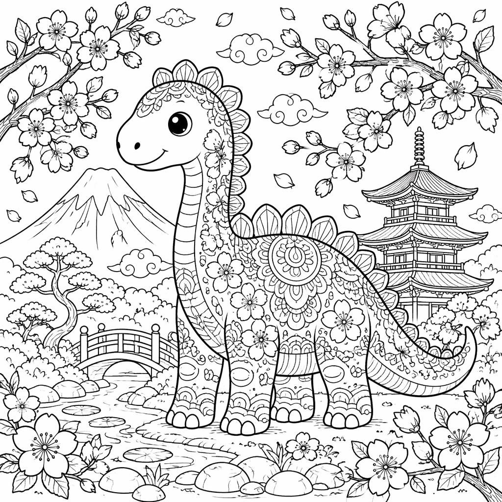 Schwarz-weißes Ausmalbild einer japanischen Kirschblüte im niedlichen Cartoonstil mit feinen, geschlossenen Linien.