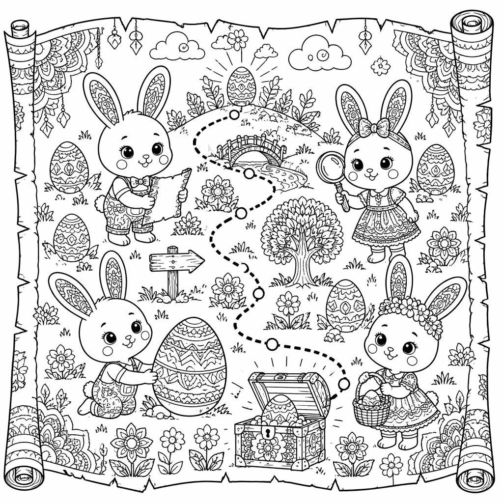 Illustration à colorier en noir et blanc avec enfants lapins, œufs de Pâques et motifs mandala détaillés