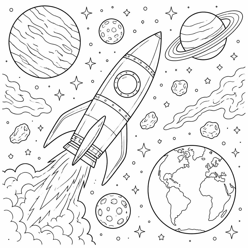 Black-and-white coloring page line art of a space rocket with planets for kids, with clean bold outlines on white.