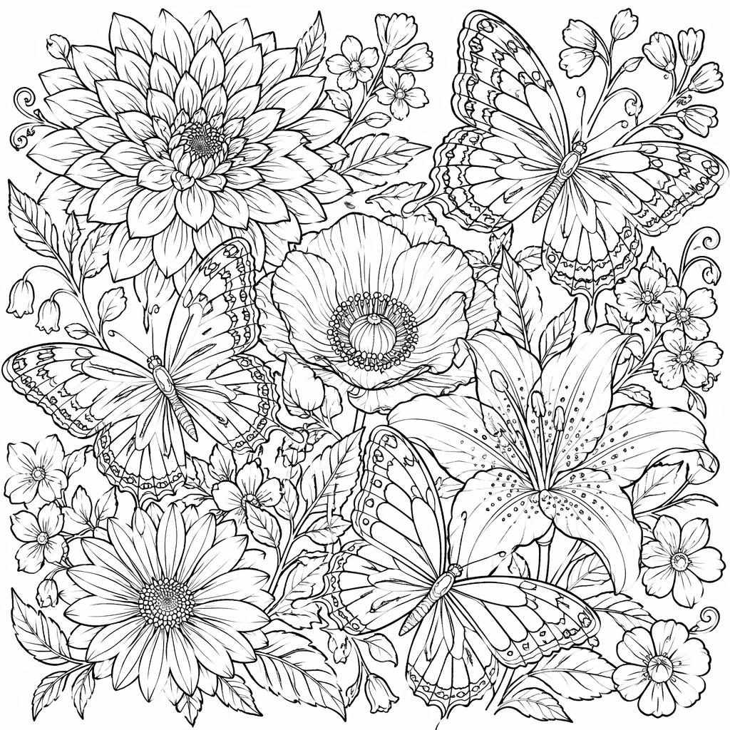 Illustration à colorier en noir et blanc avec papillons détaillés et fleurs complexes, style line-art imprimable