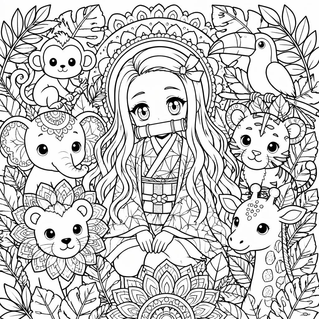 Black-and-white coloring page of kid-friendly jungle animals in an intricate mandala geometric line-art style.