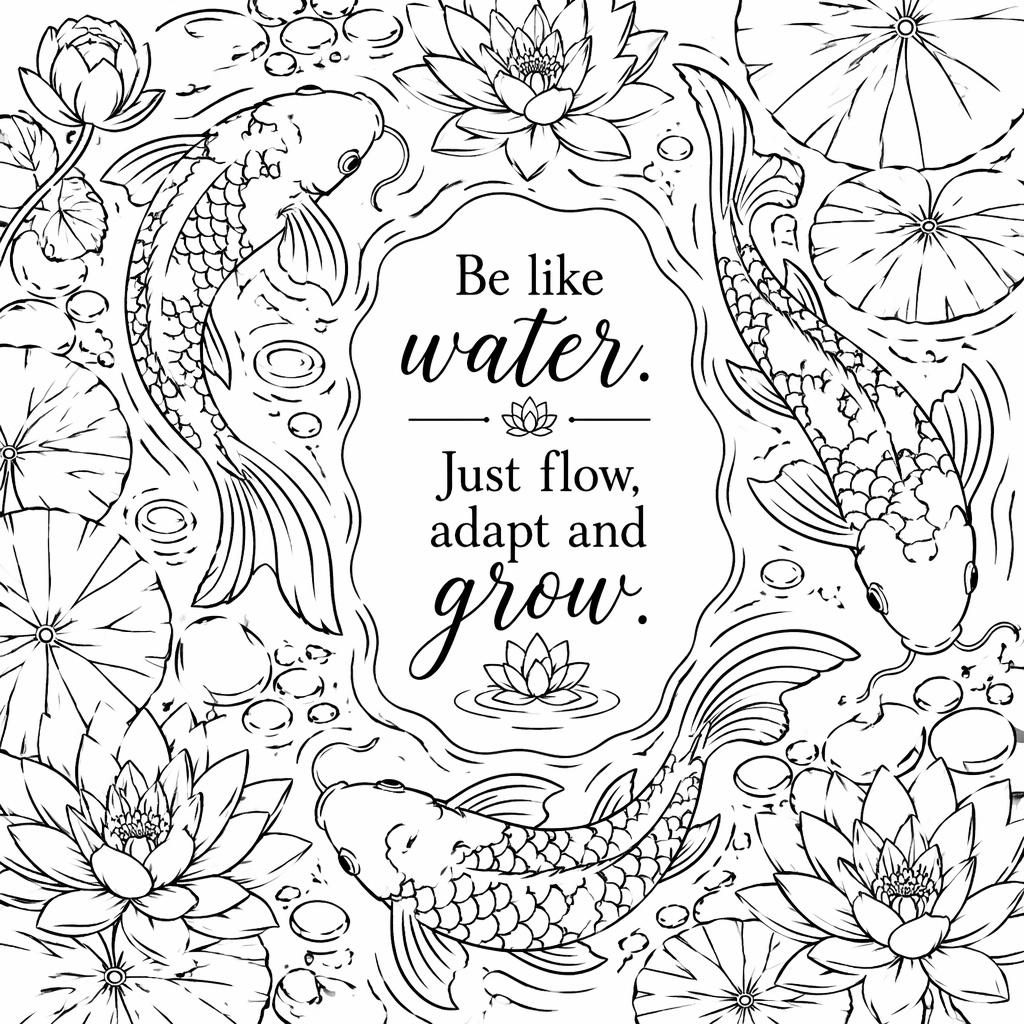 Black-and-white line art coloring page of a detailed koi pond with fish, ripples, lilies, and clean closed shapes.
