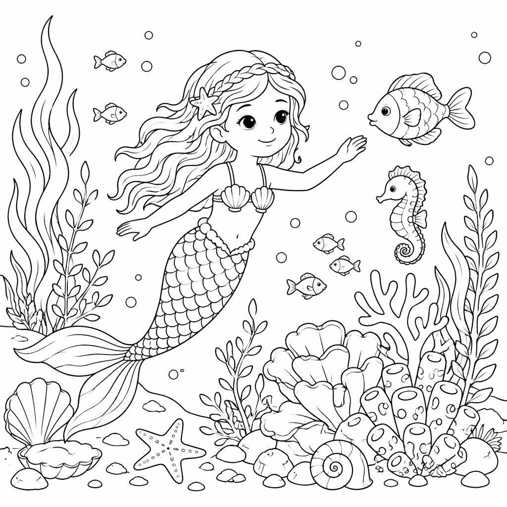Ilustración para colorear en blanco y negro de una sirena bajo el mar con elementos marinos infantiles