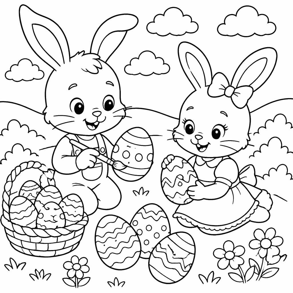 Página para colorear en blanco y negro con huevos de Pascua y conejitos niños, en lineas limpias y fondo blanco.