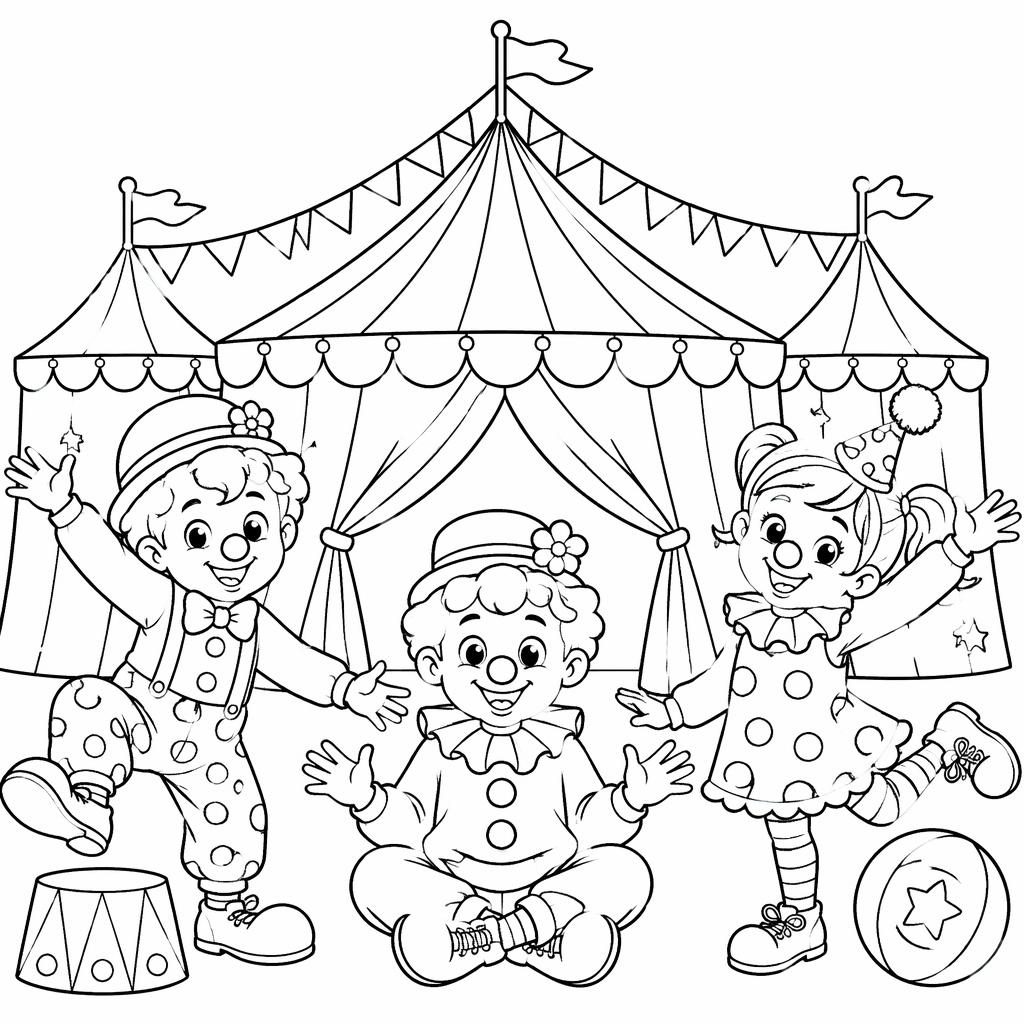 Schwarz-weißes Ausmalbild mit Zirkuszelt, Clowns und Kindern als klare Line-Art ohne Schattierung.