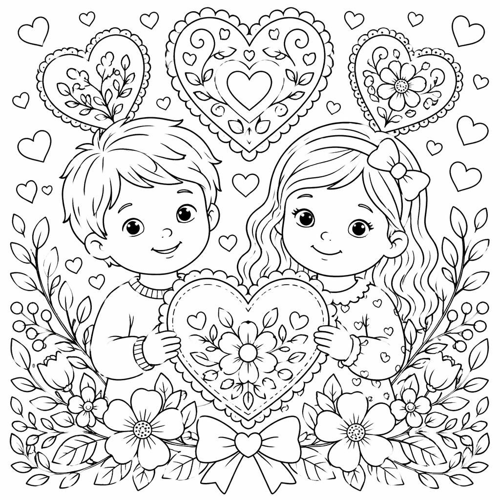 Illustration noir et blanc à colorier avec des cœurs de Saint-Valentin pour enfants, style botanique en line art