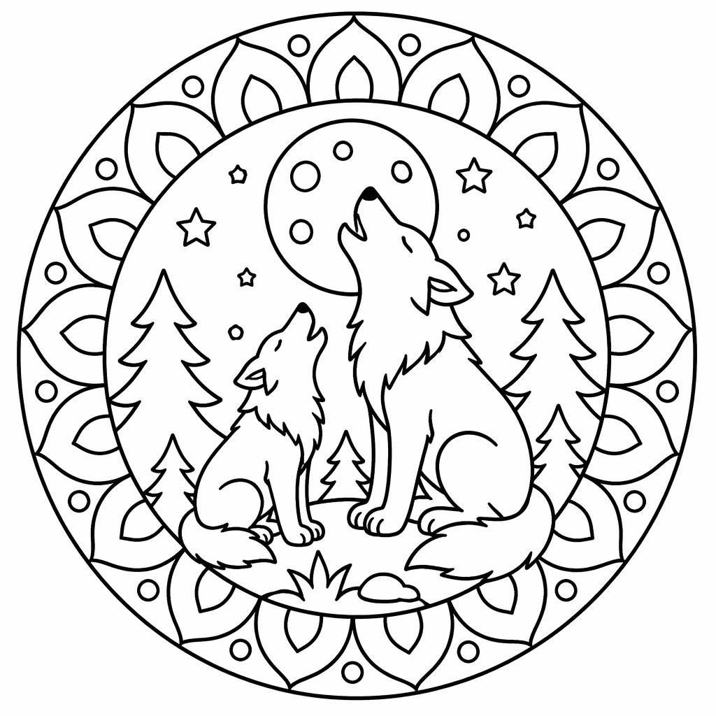 Ilustración para colorear en blanco y negro de lobos adultos aullando a la luna, con líneas gruesas y simples.