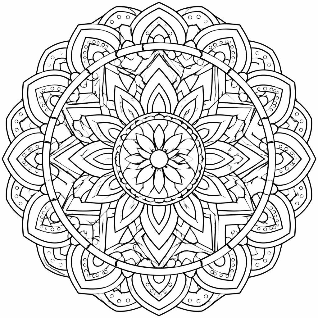 Illustration noir et blanc d’un mandala géométrique adulte, très détaillé, en contours nets sur fond blanc.