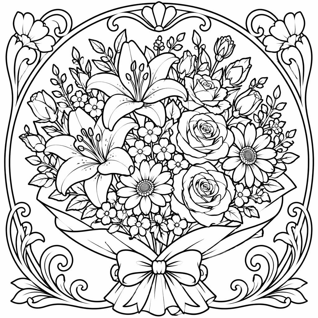 Ilustración en blanco y negro de un ramo de flores con líneas gruesas, estilo art nouveau, para colorear.