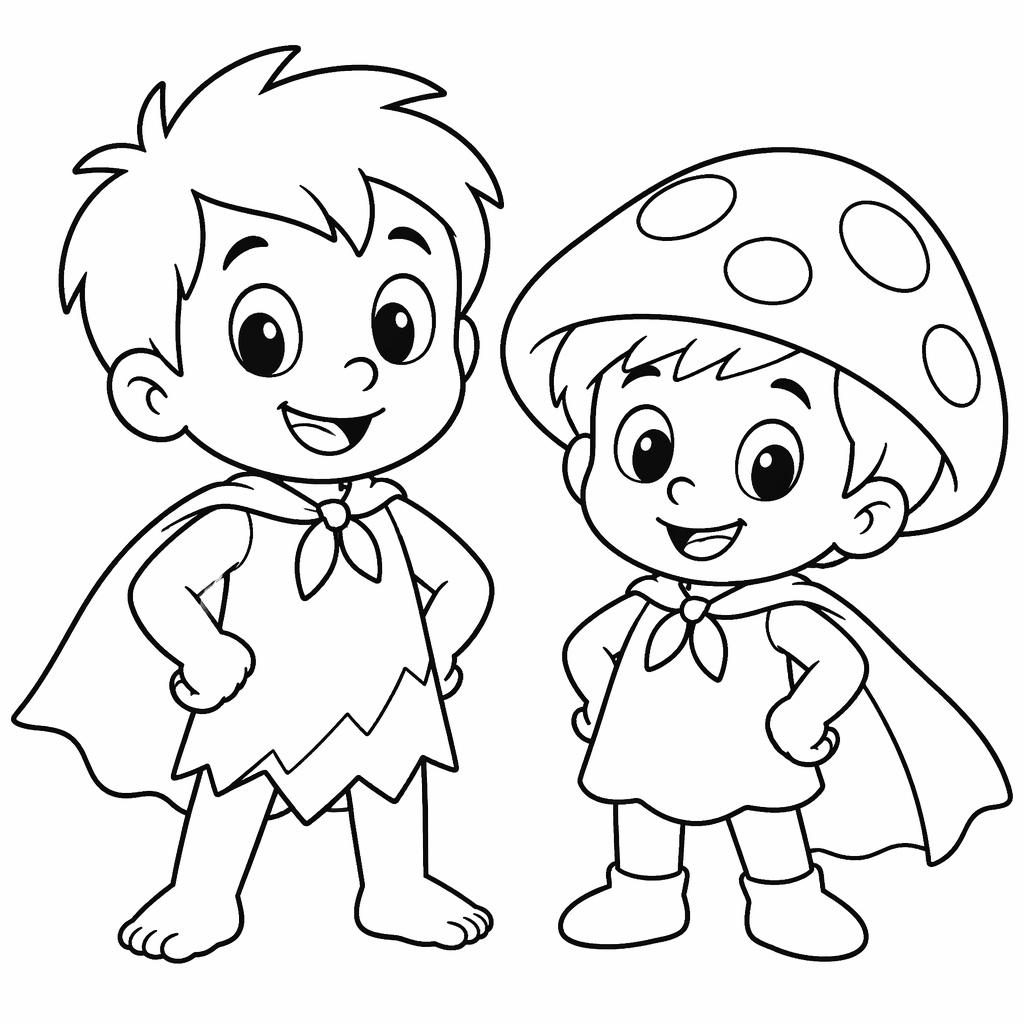 Černobílá omalovánka se superhrdinskými kreslenými dětmi v jednoduchém manga stylu, s čistými obrysy.