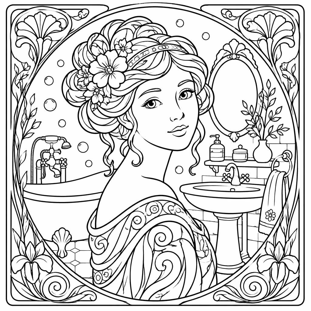 Portrait de femme art nouveau en noir et blanc, style doodle zentangle, en line art à colorier pour enfants