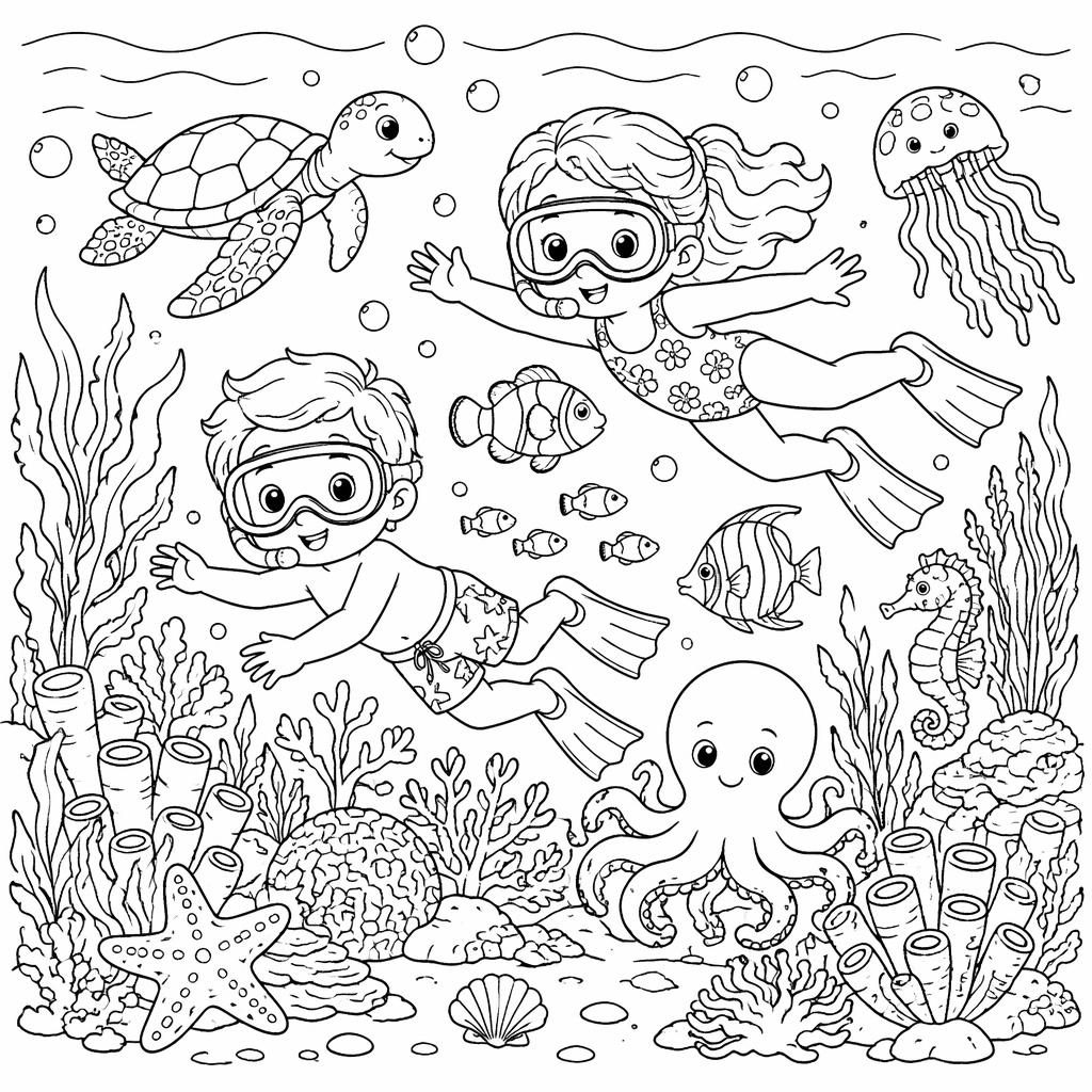 Ilustración en blanco y negro de una escena submarina infantil con peces, algas y corales en estilo lineal para colorear.