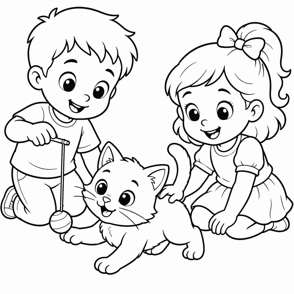 Black-and-white coloring page of a cat playing with young kids, drawn with chunky clean outlines on white.