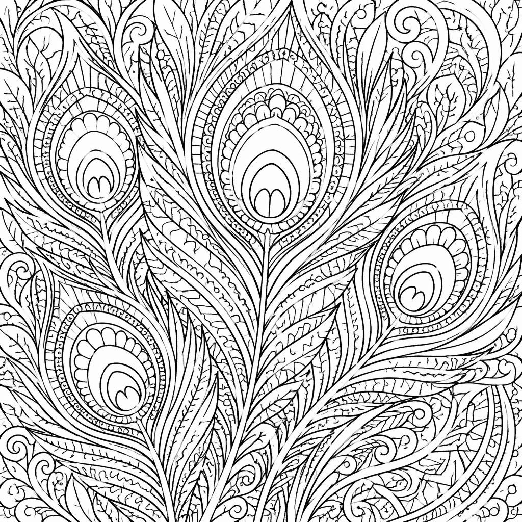 Ilustración para colorear en blanco y negro con plumas de pavo real detalladas, estilo zentangle y contornos limpios.