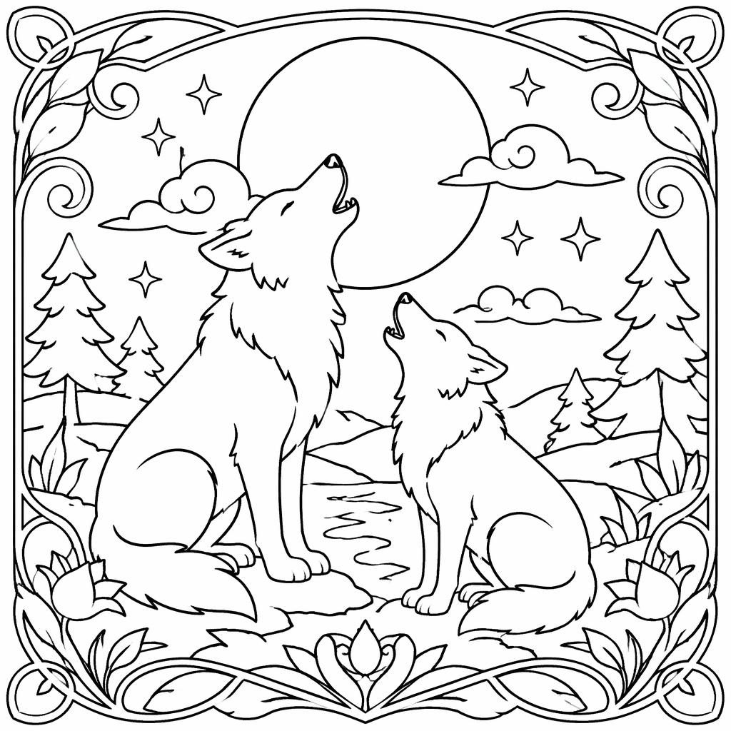Schlichte Schwarz-Weiß-Ausmalseite mit erwachsenen heulenden Wölfen unter einem Mond im Jugendstil