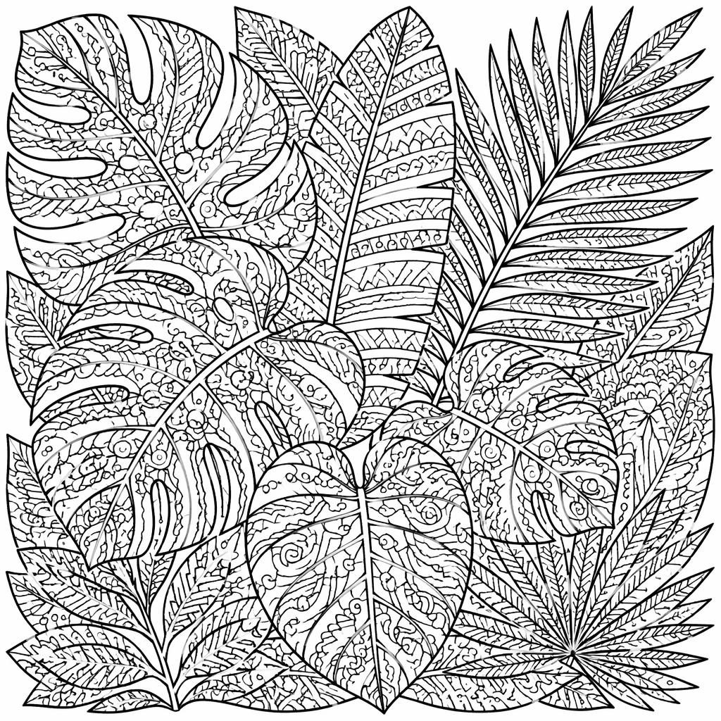 Black-and-white coloring page with intricate tropical leaves in a mandala zentangle pattern, clean bold outlines on white.