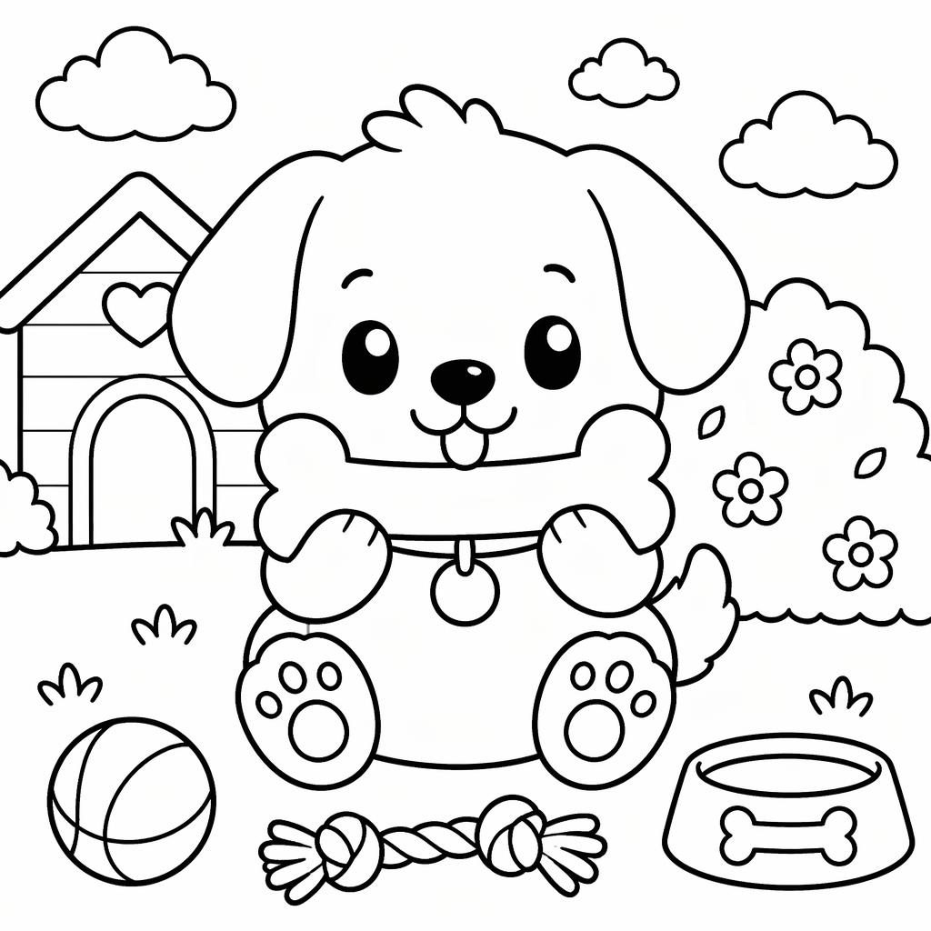 Schwarz-weiße Ausmalbild-Illustration eines niedlichen Cartoon-Hundes mit Knochen, klare Konturen auf weißem Hintergrund.