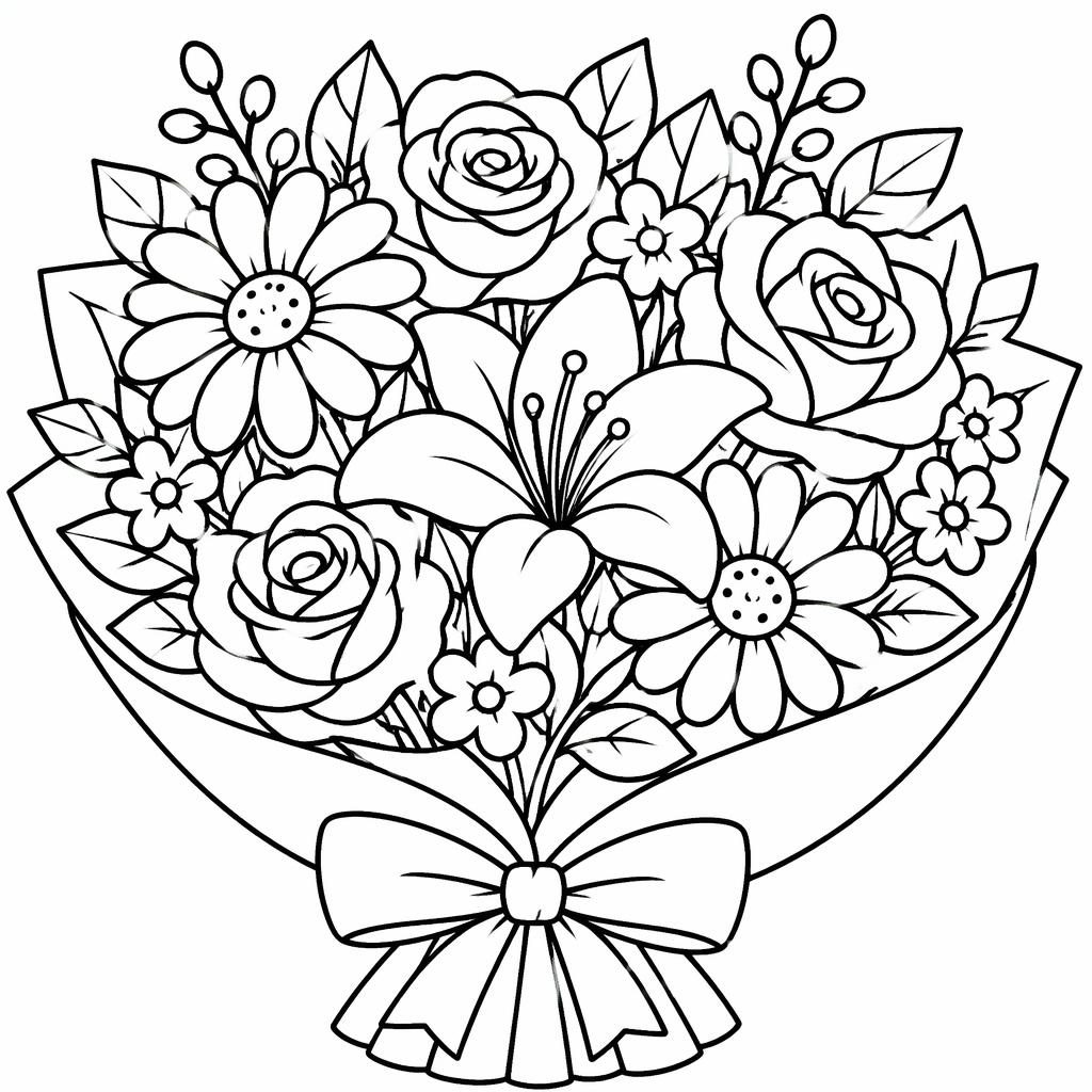 Schwarz-weiße Malvorlage mit süßem Blumenstrauß im Cartoon-Stil, mit dicken Konturen und einfachen Formen.
