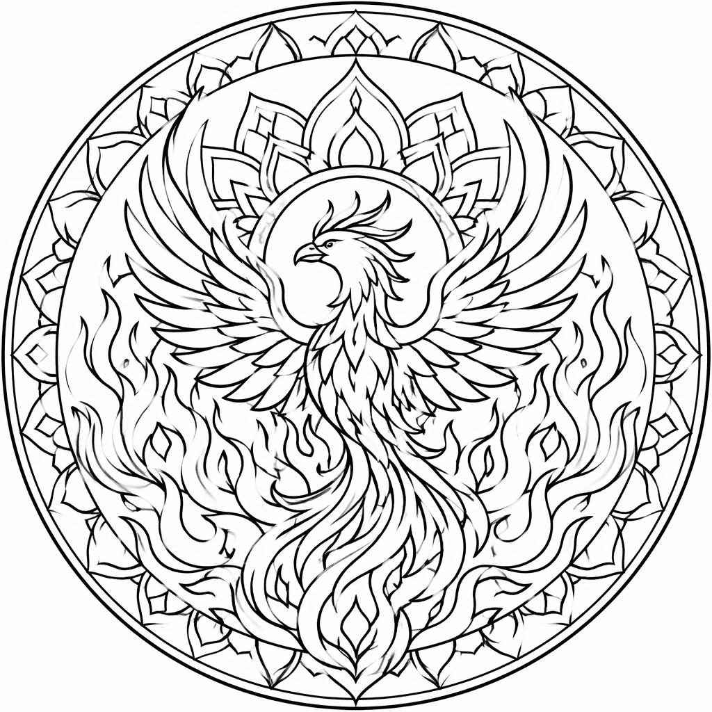 Ilustración para colorear en blanco y negro de un fénix con llamas y patrón mandala geométrico simple.