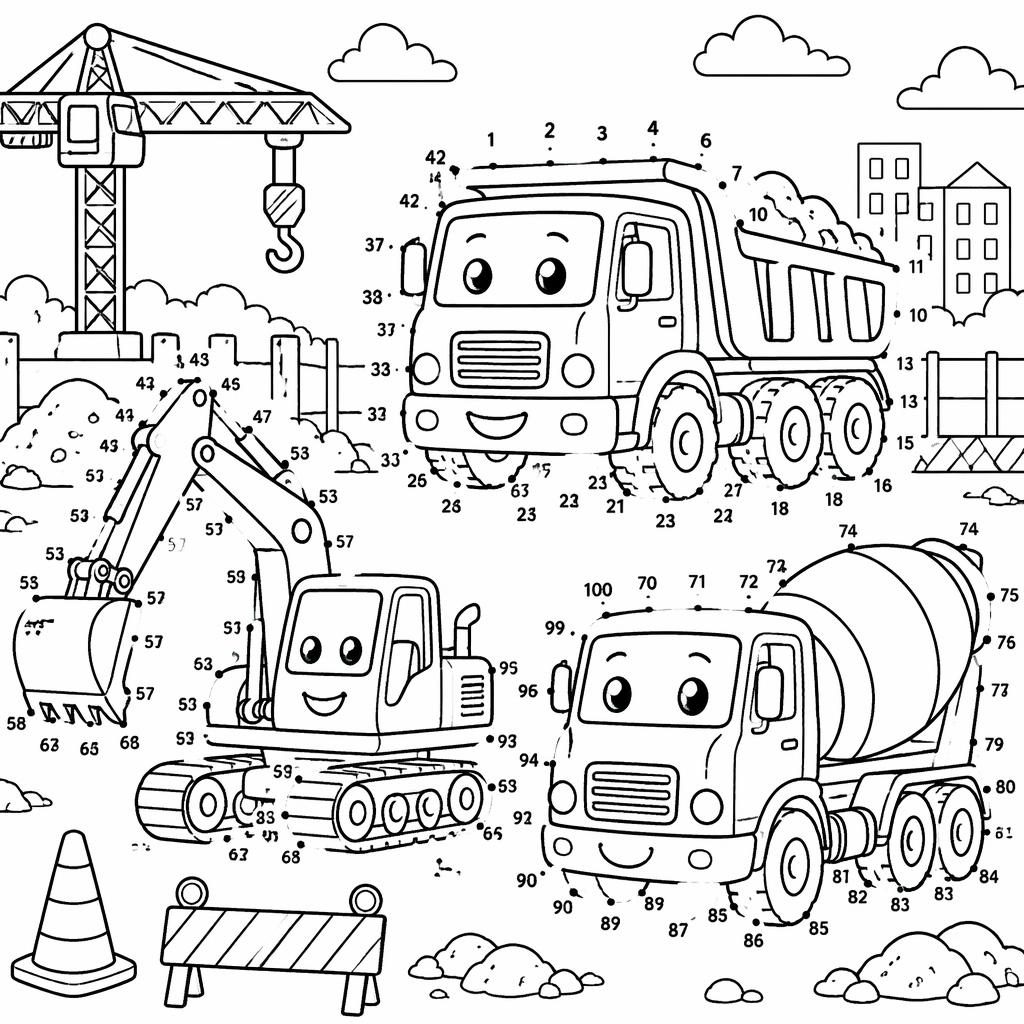 Illustration noir et blanc de camions de chantier pour enfants, en contours épais, style coloriage imprimable