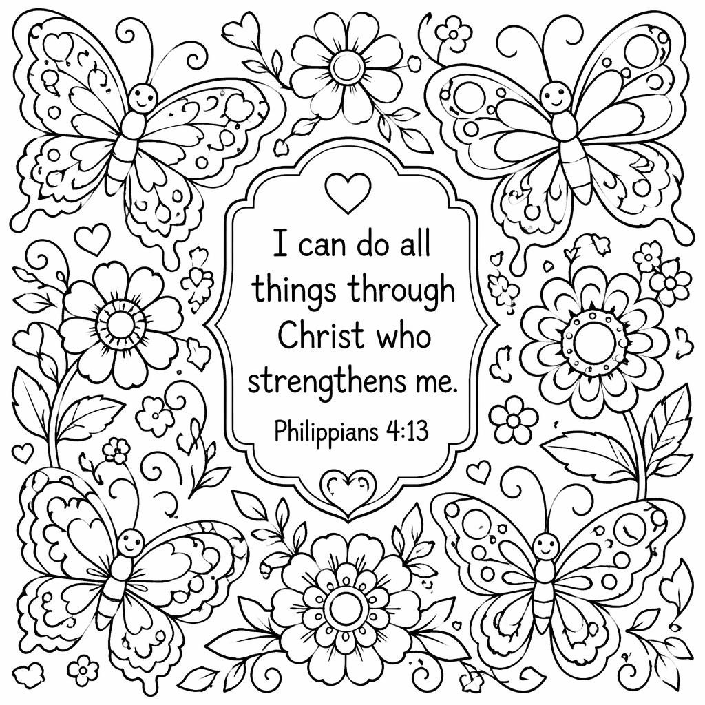 Black-and-white coloring page with cute butterflies and detailed flowers in chunky clean outlines on a white background.