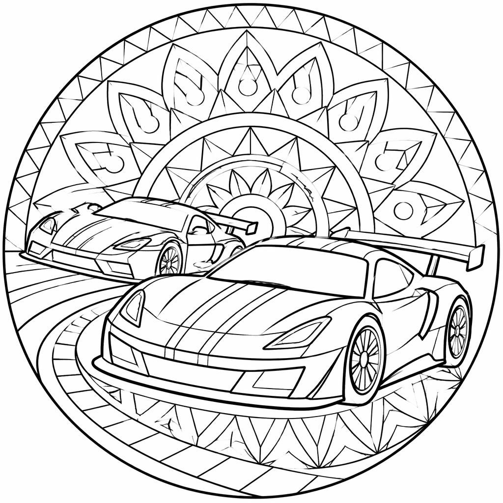 Ilustración en blanco y negro de coches de carreras para niños, estilo mandala geométrico, con contornos limpios.