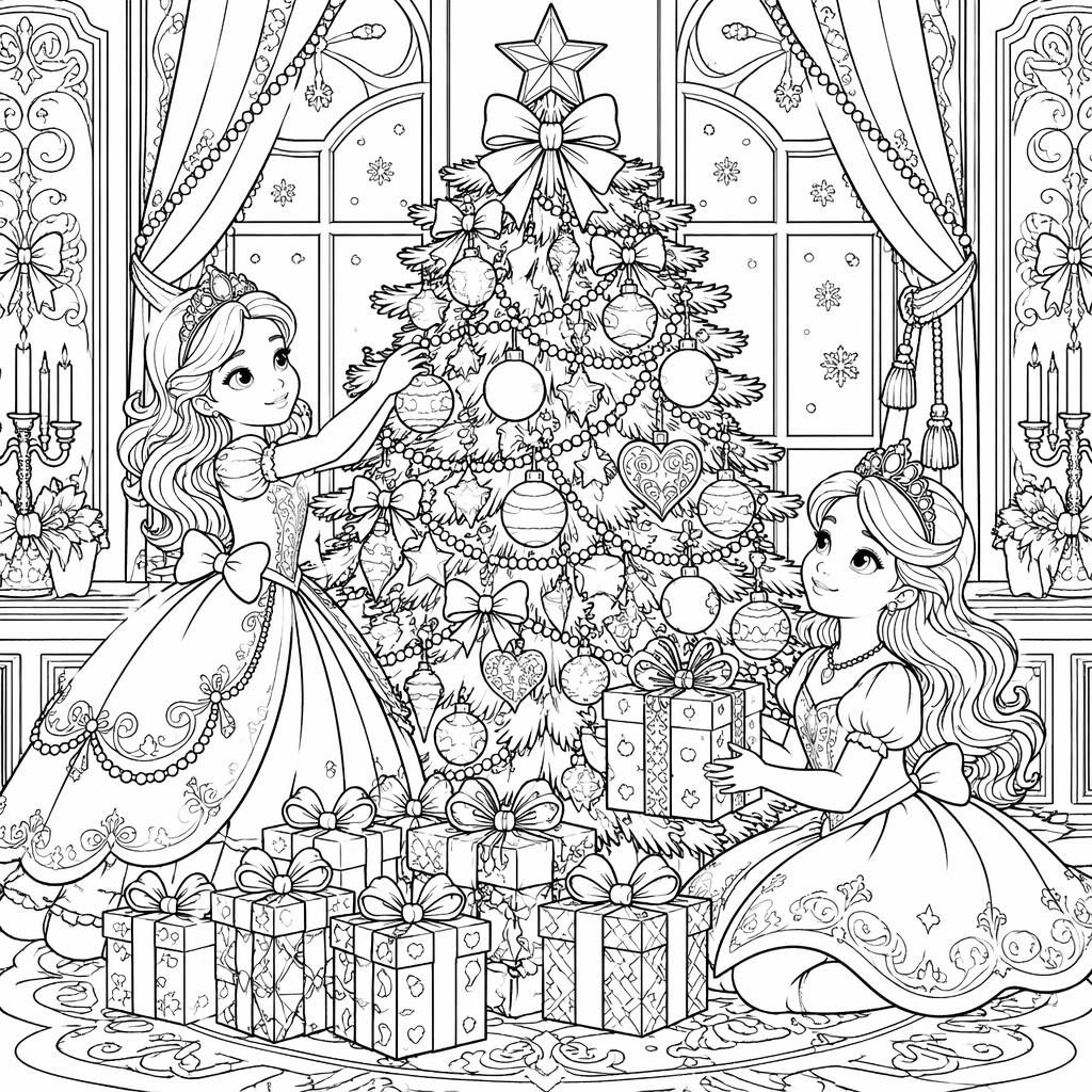 Illustration noir et blanc d’un sapin de Noël avec cadeaux et enfants, style manga détaillé, en line art imprimable.