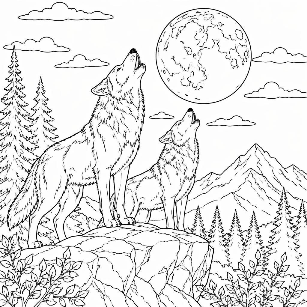 Black-and-white coloring page with realistic wolves howling at a full moon in clean printable line art.