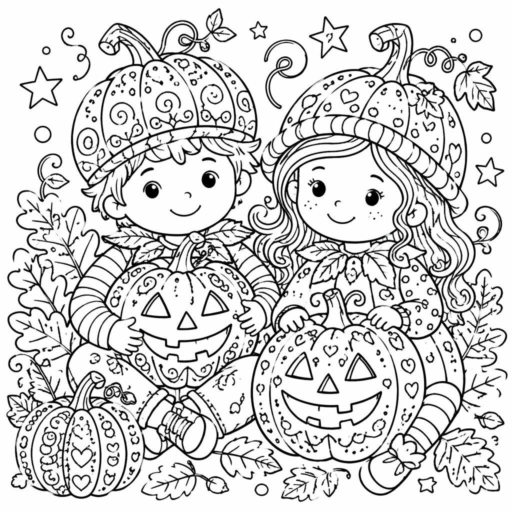Illustration noir et blanc de citrouilles d’Halloween avec enfants, style zentangle, contours nets à colorier.