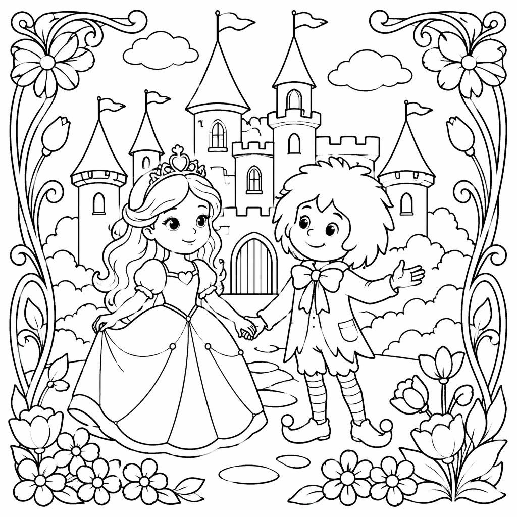 Černobílá omalovánka s pohádkovým princezniným zámkem pro děti v jednoduchém secesním line-art stylu.