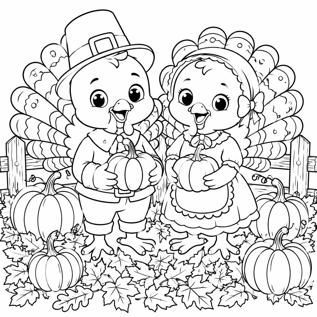 Schwarz-weiße Ausmalseite mit niedlichen Kindern und einem Thanksgiving-Truthahn als detailreiche Cartoon-Lineart.