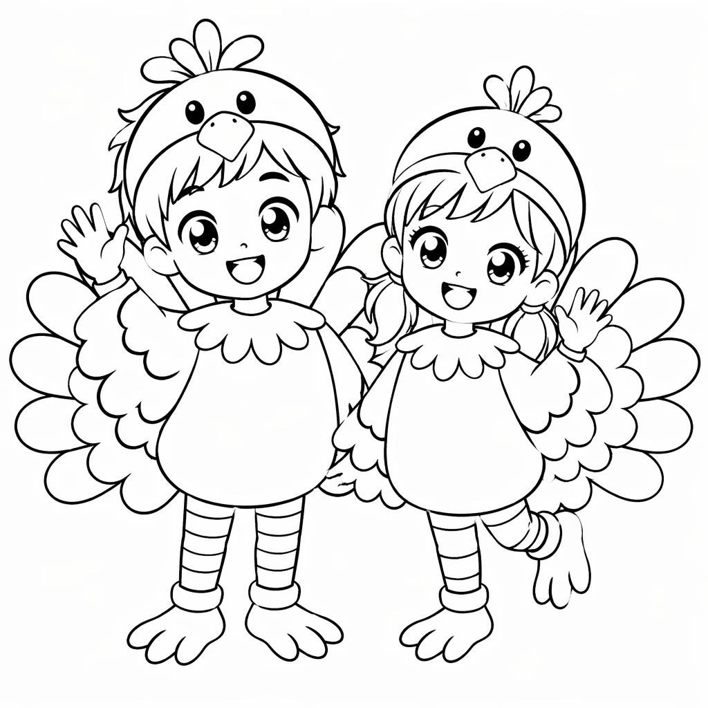 Illustration noir et blanc style manga de dindes de Thanksgiving avec des enfants, en contours épais à colorier.