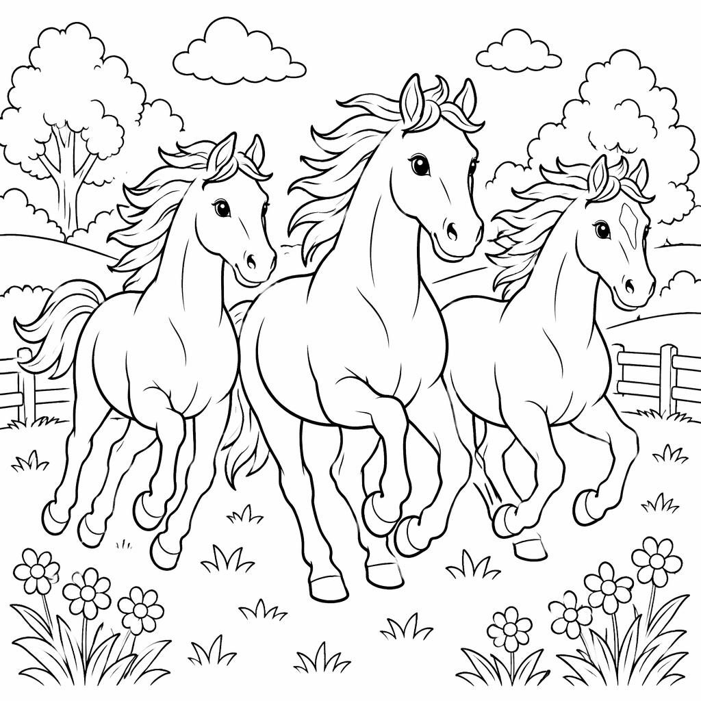 Ilustración en blanco y negro de caballos corriendo, estilo caricatura tierno, con contornos limpios para colorear.