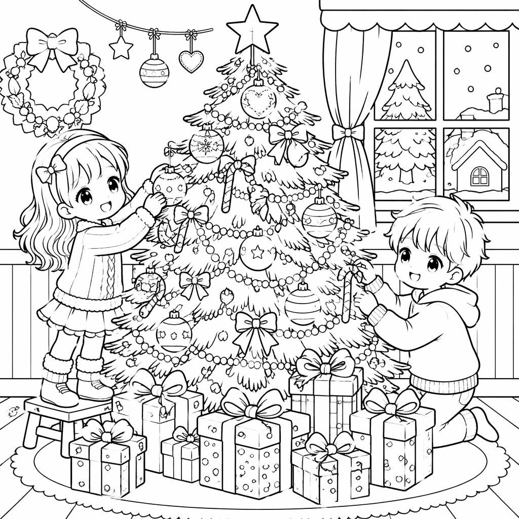 Schwarz-weiße Ausmalbild-Illustration mit Weihnachtsbaum, Geschenken und Kindern im Manga-Stil als klare Line-Art.