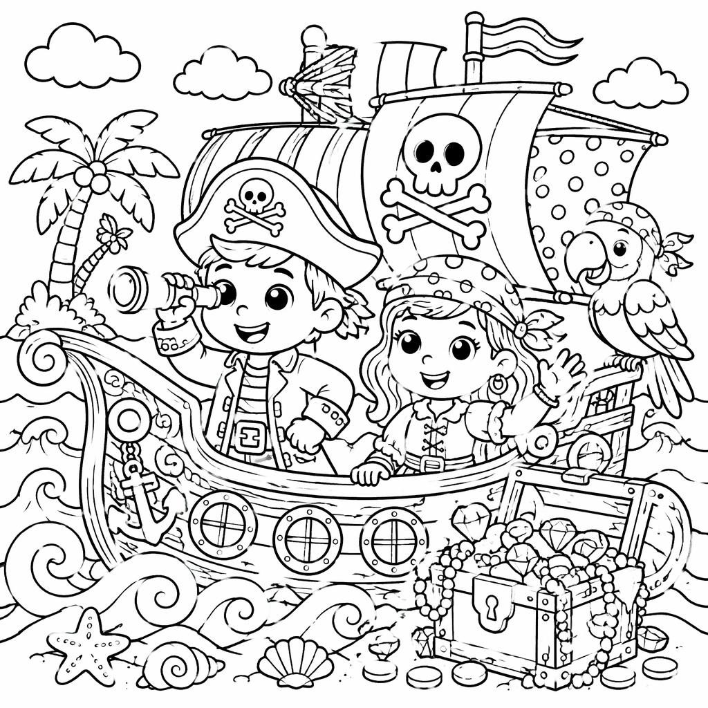 Illustration noir et blanc d’un bateau pirate avec trésor, style coloriage pour enfants, traits épais et formes fermées.