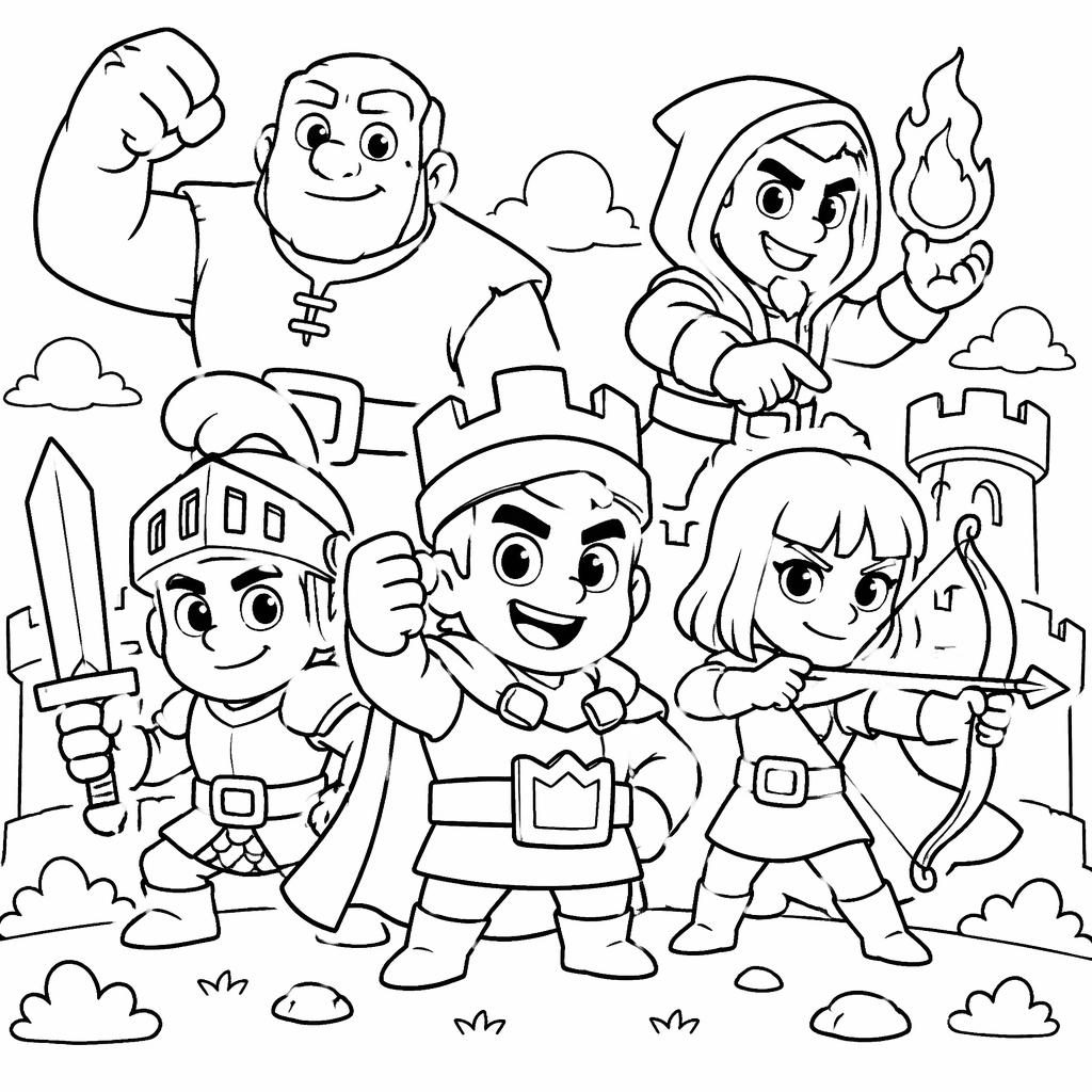 Ilustración para colorear en blanco y negro de niños superhéroes estilo caricatura con detalles botánicos.