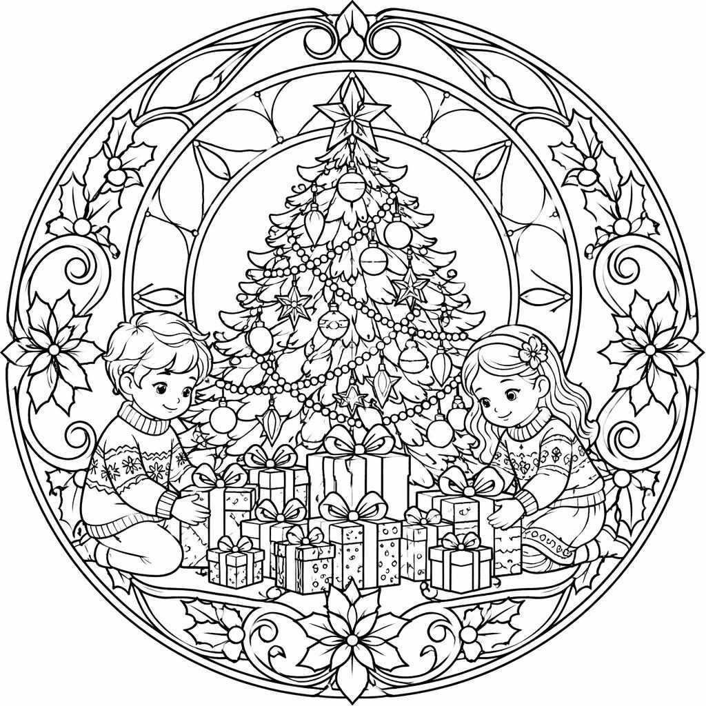 Ilustración para colorear en blanco y negro de un árbol de Navidad con regalos y niños, estilo art nouveau