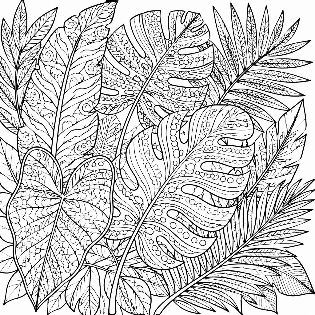 Illustration noir et blanc de feuilles tropicales en zentangle, contours nets, formes fermées à colorier.