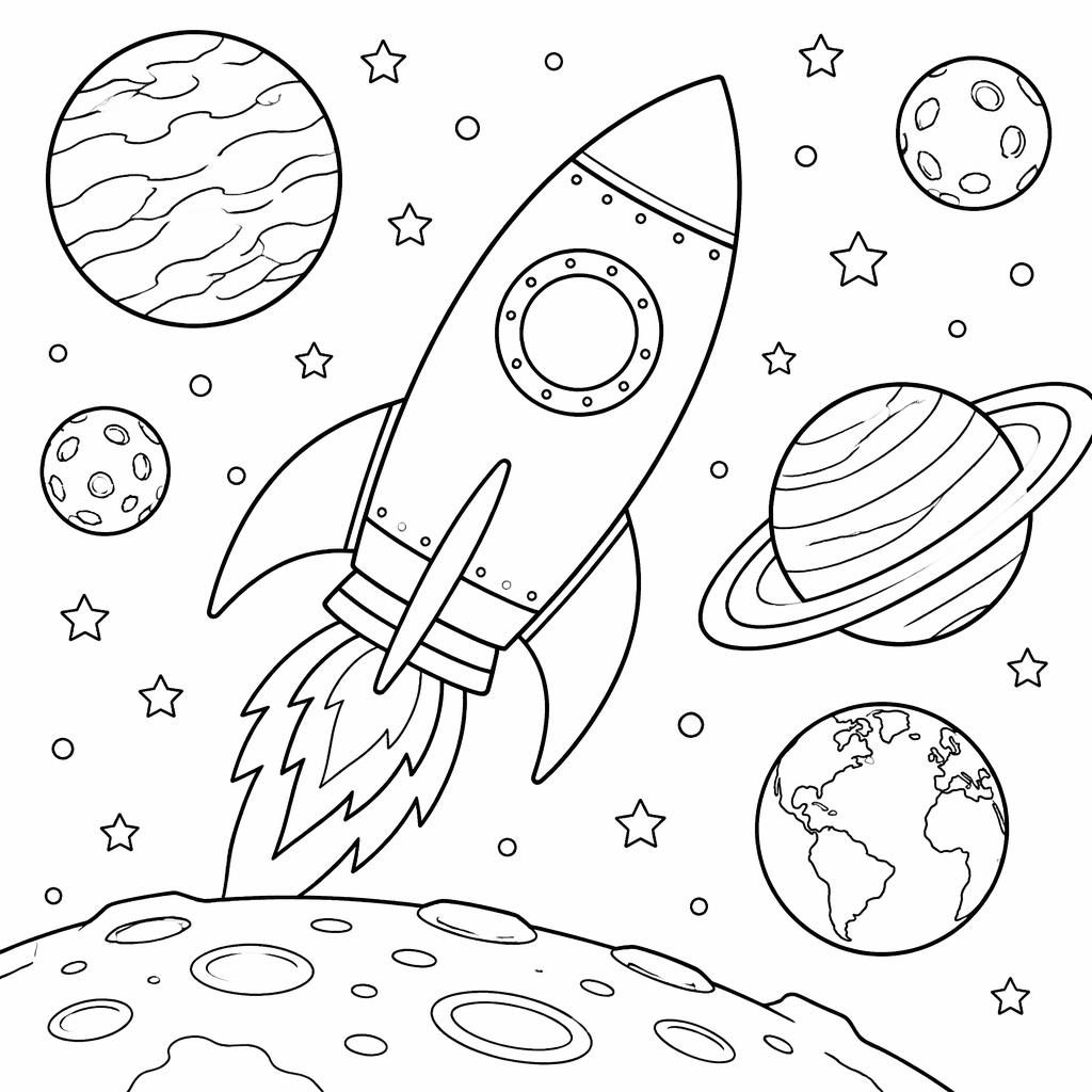 Ilustración en blanco y negro de un cohete espacial con planetas, estilo página para colorear infantil.