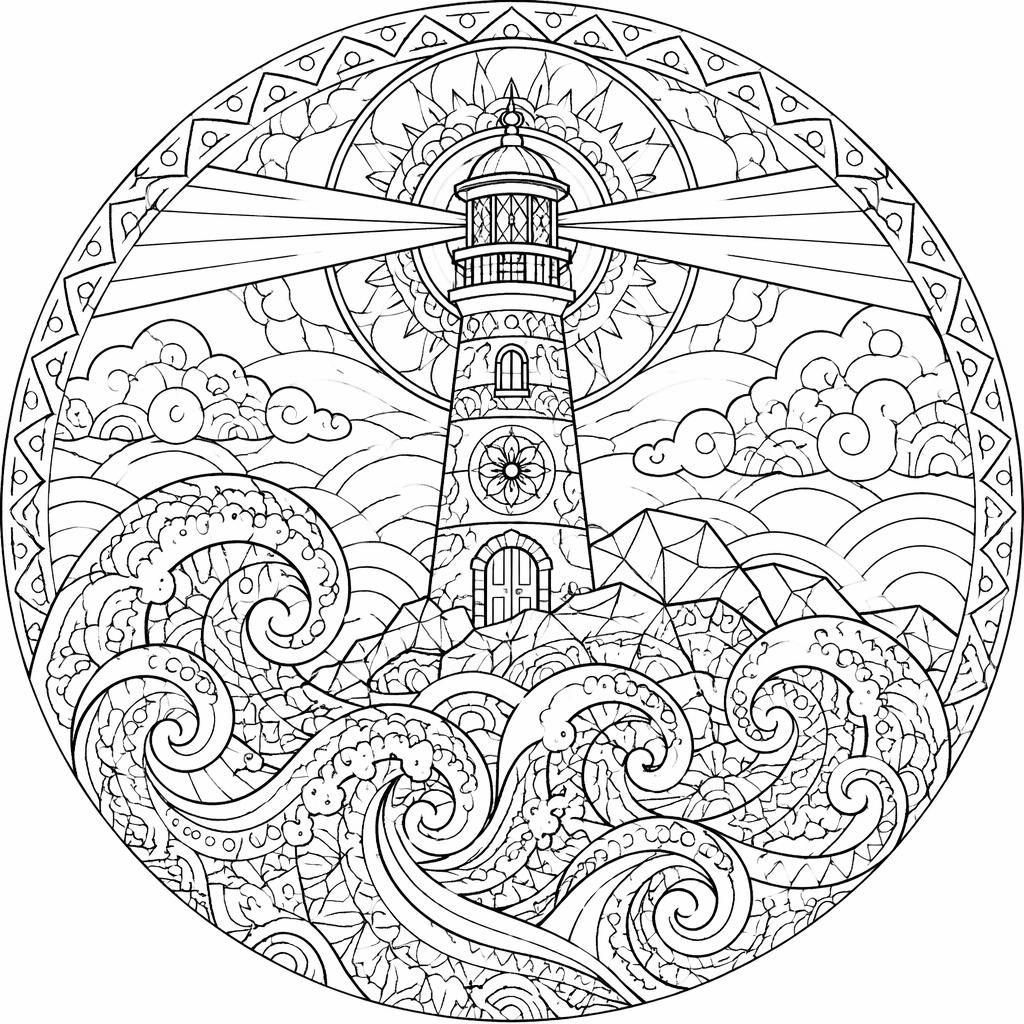 Black-and-white coloring page of a detailed lighthouse with swirling waves in a mandala-style line art design.