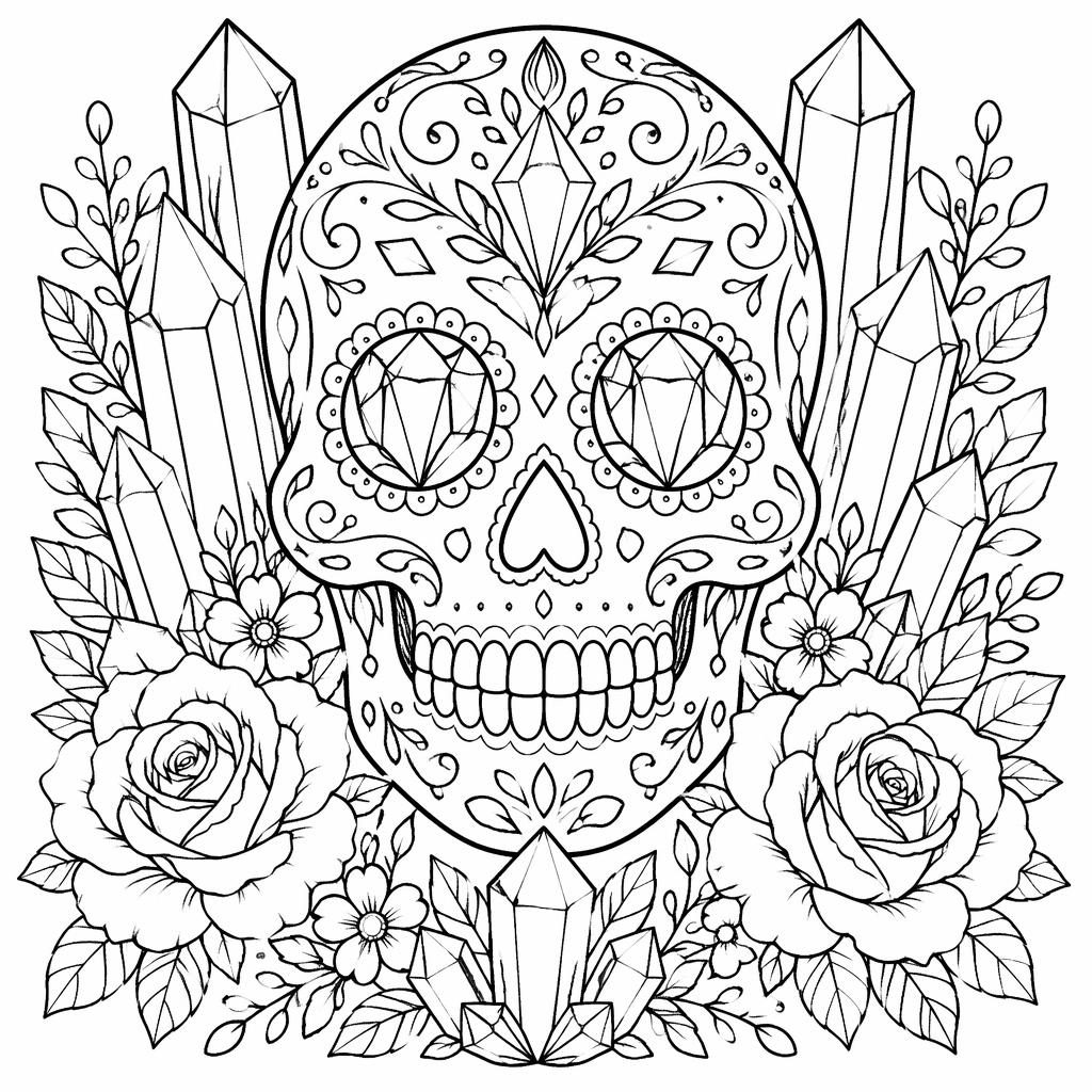 Schwarz-weiße Ausmalbild-Illustration eines Sugar Skulls mit floralen und botanischen Ornamenten als klare Line-Art
