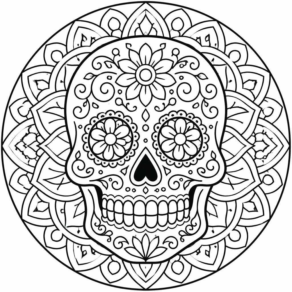 Ilustración en blanco y negro de una calavera mandala geométrica con líneas gruesas y formas cerradas para colorear.