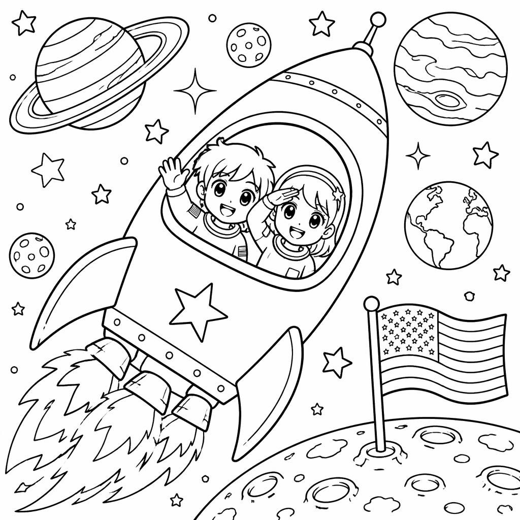 Black-and-white coloring page of a space rocket with planets, stars, and simple manga-inspired line art for kids.