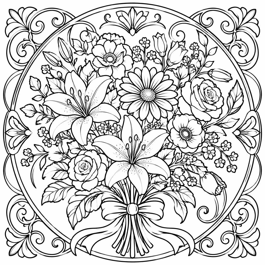 Ilustración para colorear en blanco y negro de un ramo de flores detallado, estilo art nouveau, con contornos limpios.