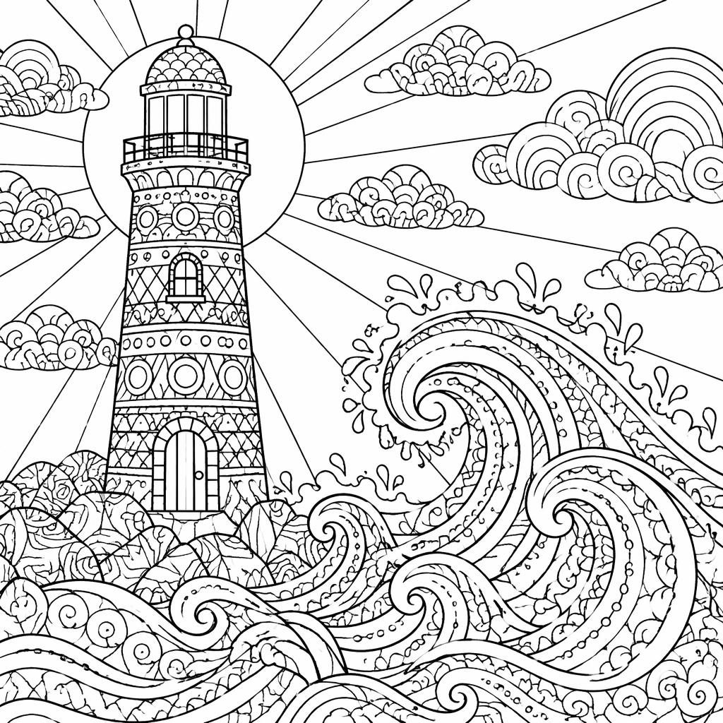 Schwarz-weißes Ausmalbild mit Leuchtturm und Wellen im Zentangle-Doodle-Stil, klare Konturen auf weißem Hintergrund.