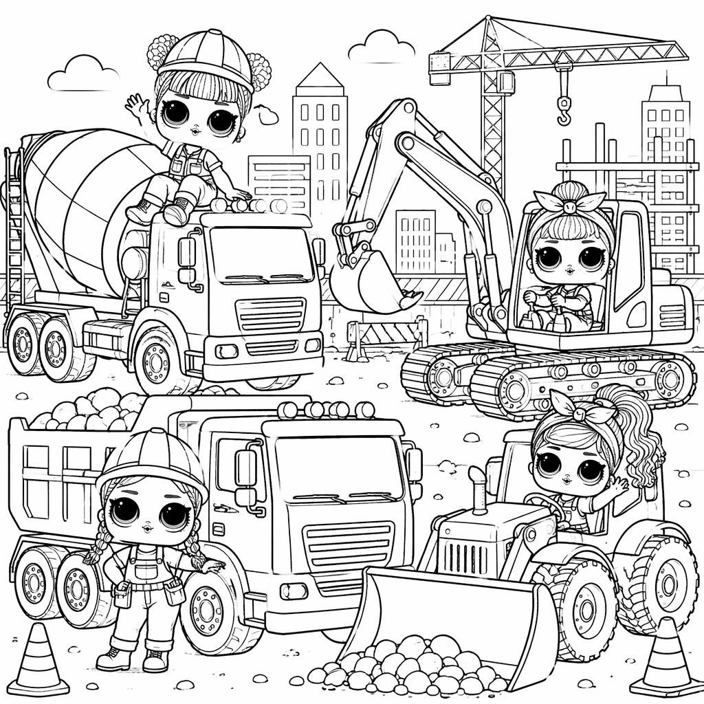 Black-and-white coloring page with construction trucks in a kid-friendly realistic line-art style on a white background.