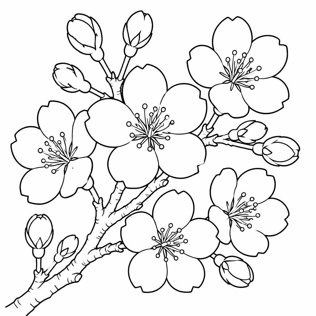 Página para colorear en blanco y negro con flor de cerezo japonesa adulta, contornos simples y fondo blanco.