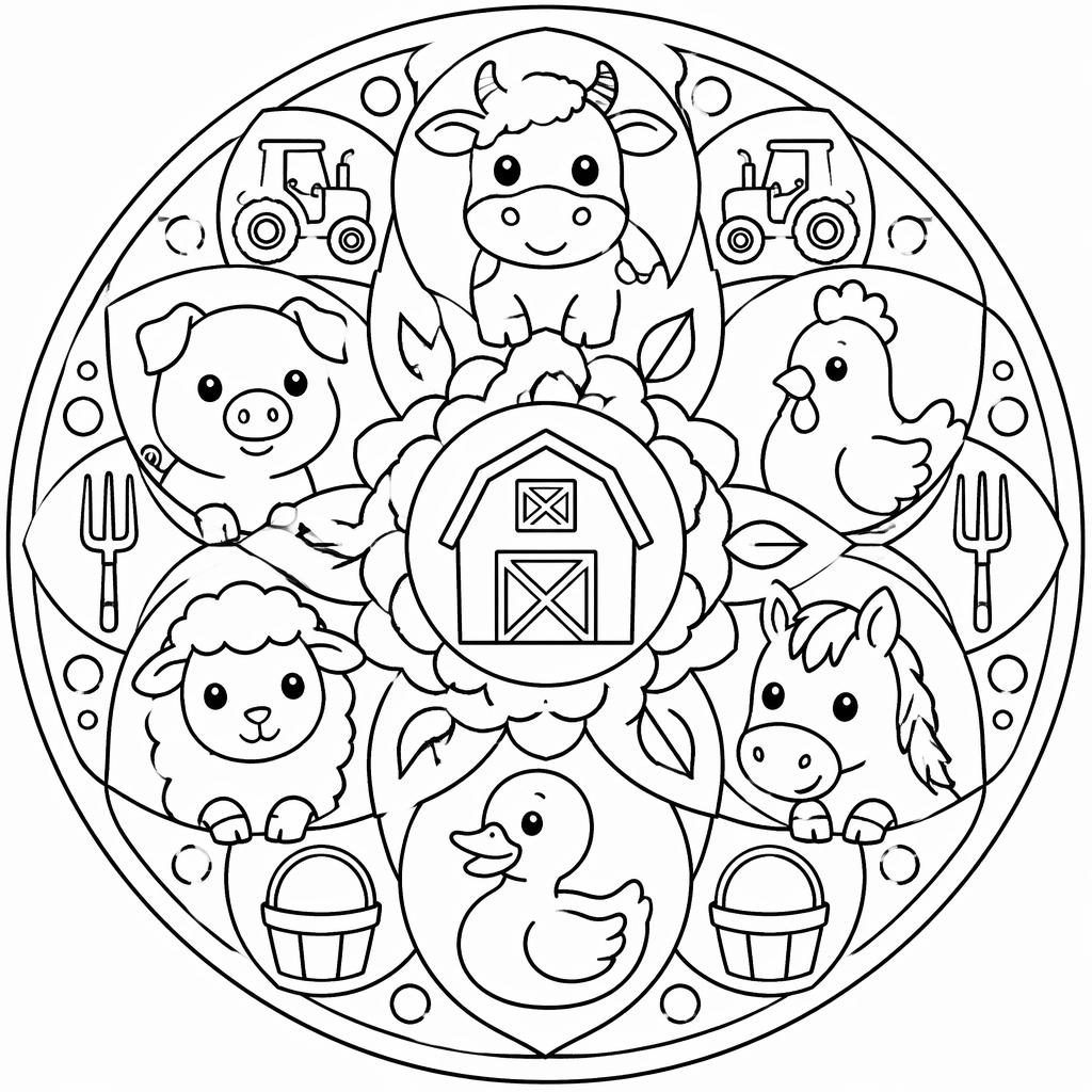 Ilustración en blanco y negro de animales de granja para niños, con contornos simples y estilo manga para colorear.