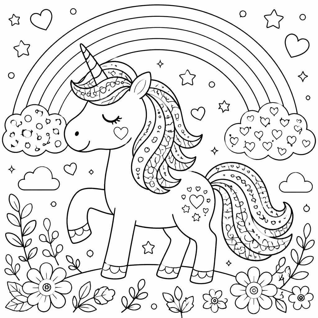 Schwarz-weiße Ausmalseite mit einfachem Einhorn unter einem Regenbogen, klare Konturen im Zentangle-Stil.