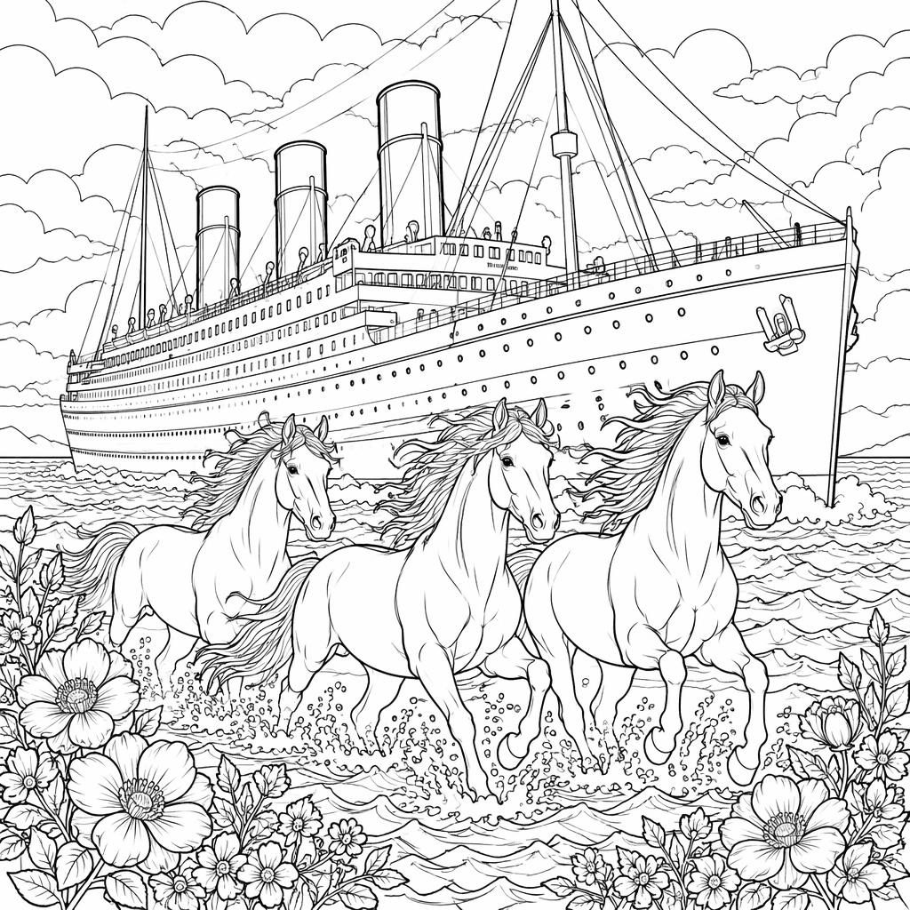Schwarz-weiße Ausmalbild-Illustration mit mehreren detailliert laufenden Pferden als klare Line-Art
